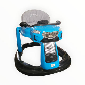 Blue baby walker with black base on a white background